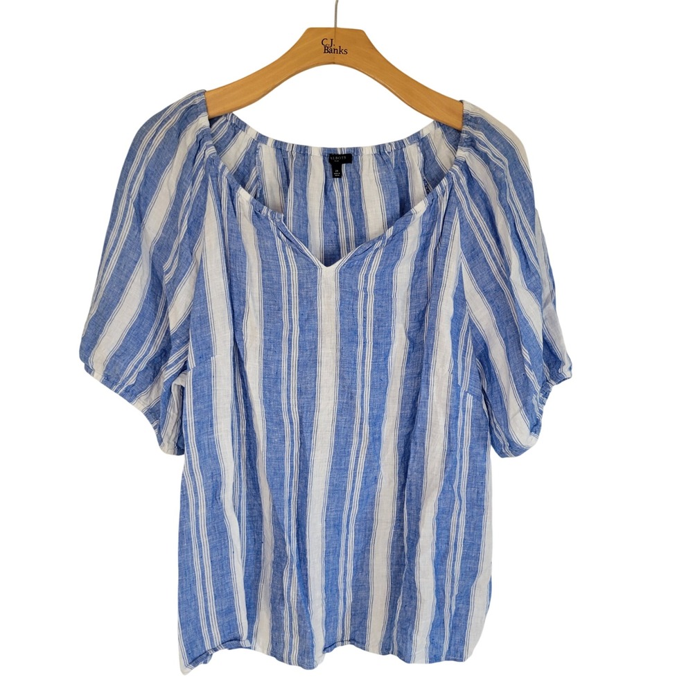 Talbots Plus 100% Linen Blouse Top Striped Blue White‎ Size 2X